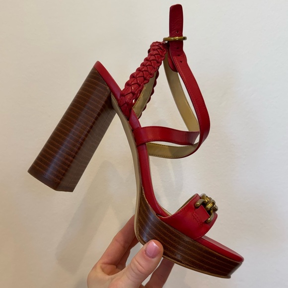 Michael Kors Women Red Kailey Leather Braided Strap Chunky Platform Heels Size 8 - Picture 11 of 15